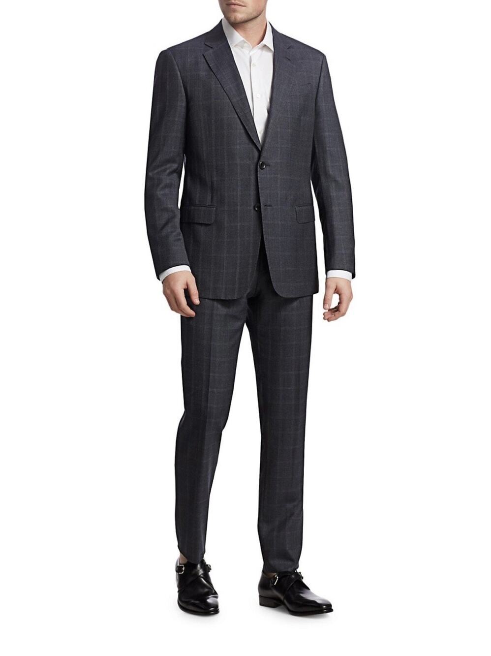NWT Giorgio Armani Black Label Charcoal Gray/Blue Windowpane Suit Size 48R/38R